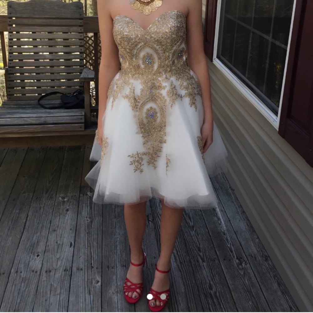 Strapless White and Gold Prom Dress